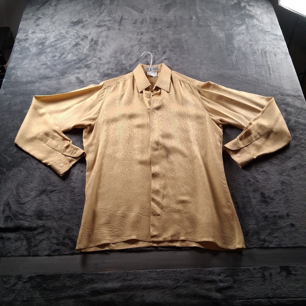 Giorgio Gentelli Silk Button Down Shirt Medium Gold Snakeskin Jacquard Long Slv - Picture 2 of 7